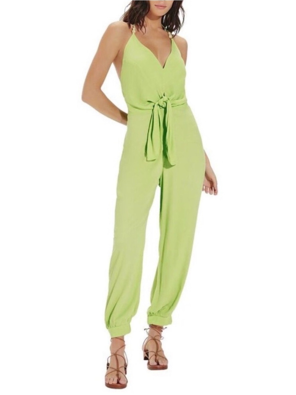 Vix Paula Hermanny Nelly Lime Green Sleeveless Tie-Waist Jumpsuit